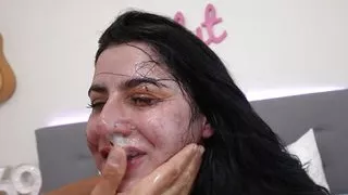 Submissive slut in gloves rimming and deepthroating