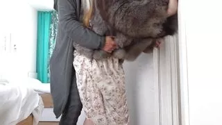 Long legs babe in dress and fur coat fucked from behind