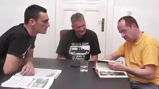 Dark haired German lady gets banged by three loaded cocks