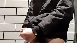 Public bathroom teen boy cumshot after edging thick load