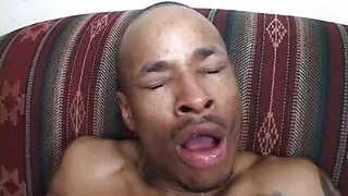 Black hunk slurps ebony babe's coochie before drilling her on the sofa