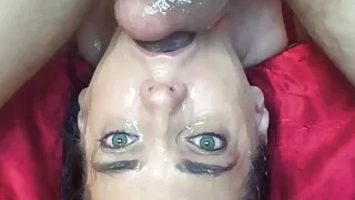 Upside down deep throat with balls in face