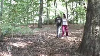 A sexy German slut gets a double cumshot in the middle of the woods