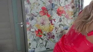 Hot Milf in red spandex massage her huge boobs