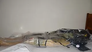 Apr 2 2023 - VacPacked in my latex sleepsack wearing my hockey shorts with my PVC aprons lead aprons and hockey chestie