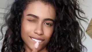 Ebony cutie plays with her tight pussy and her pink friend - Aurora Elise