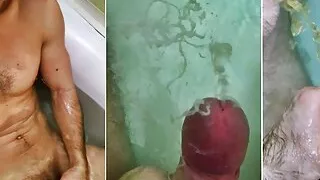 Muscular man jerks off and cums in the bathroom! Cum under water! Pissing on myself!