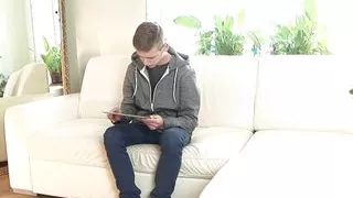 Young cute Patrik poses for casting and masturbates his hard big cock