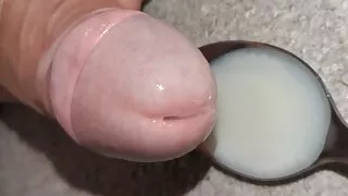 Super close up wank, edge and leak multiple loads onto a spoon and swallow own sperm ruined orgasm uncut veiny cock cum