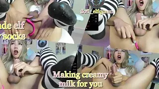 Blonde elf with sexy socks making milk
