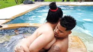 I get hard when I see my mother-in-law semi naked in the pool pt2 we fuck, she rides my dick