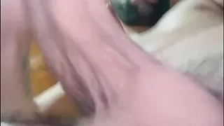 Jerking my big uncut cock with spit until I cum after working out . I was so horny and sweaty.