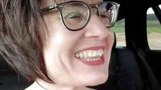 Driving topless car with binded boob