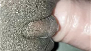 Close up shaved ebony pussy dildo