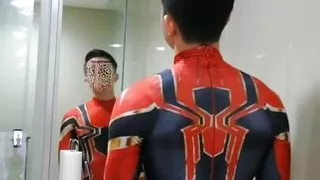 Gay Chinese Muscle Dressed Superman Solo In Tolet Sucks Cock