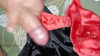 Milking my cum onto her satin lingerie