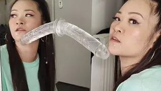 young thai teen suck big dildo in front off a mirror - Spit Play JOI