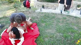 Public sex on the meadow! Ass and pussy creampie and facial cumshot