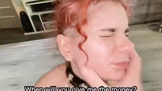 The redhead gets fucked hard in the mouth for his debts