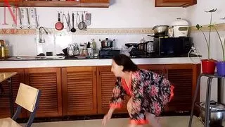 Housewife in pantyhose in the kitchen. Naked maid gets an orgasm while cooking. 3