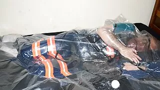 April 10 2023 - VacPacked in three pairs of denim overalls with my PVC aprons