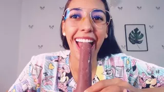 Sexy Nerdy Girl With Glasses Passionately Sucks A Dildo Thinking About Your Dick