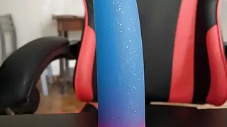 red jumpsuit fishnet plug pink and blue dildo that I suck and sodomize