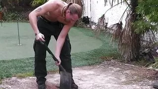 Plumper blonde in lingerie seduces garden worker