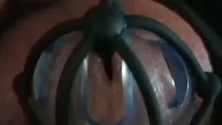 Secretly playing with my new toy in chastity while wife sleeps