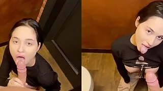 Step sister lost a bet and she had to give me a blowjob right in the public restroom of the restaura