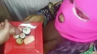 Horny married milf sucked our two cocks and asked for our cum on her food.