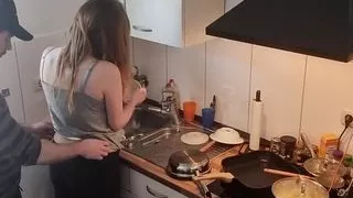 18yo Teen Stepsister Fucked In The Kitchen While The Family is not home