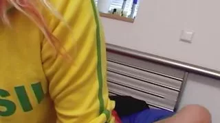 Blonde German babe gets her shaved pussy covered with cum