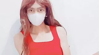 Cute Asian Redhead Trap Cum While Dildo Riding