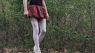 Big cock amateur crossdresser exhibition in drill schoolgirl outfit garter belt and heel