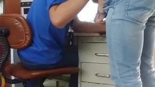 Sucking straight coworker while boss is outside
