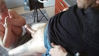 naked girlfriend jerks off my cock to a cumshot in the kitchen