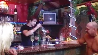 Two beautiful chicks from Germany pleasing three cocks at the bar