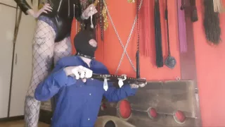 Sperm Games. The Dominatrix Brings Used Condoms And Pours The Contents Over Her Slaves Head