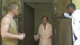 Old shaved granny poked by big black and white cocks