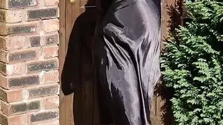 Sexy redhead crossdresser black satin with striptease