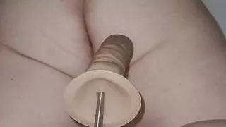 BBW wife choking on cock while fucking giant dildo doggy