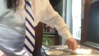 As a schoolboy with his shorts open in front and behind and feminized