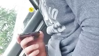 Bodybuilder fitness is masturbate with cum inside of a car outdoor in public place