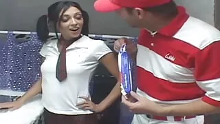 A slim German schoolgirl riding a thick cock in the back of a van