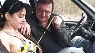 Sexy dark haired girl gets picked up and fucked in the woods