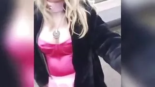 sissy in public in very sexy pink outfit shows her ass