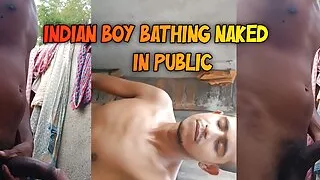 Indian Village boy bathing nude in outdoor and stroking his big cock