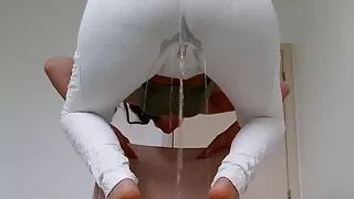 Pissing wetting yoga pants many positions