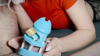 Gentle blowjob with a chastity cage